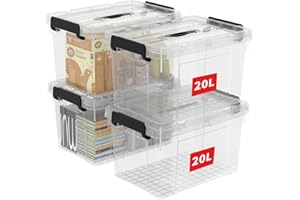 Cetomo 20L*4 Boîte de Rangement, Bac de rangement avec Poignée, Plastique Organisateur avec Couvercle, Empilable, Transportable, pour Vêtements, Bureau, Chambre, Dortoirs, Transparent, 20L - Lot de 4
