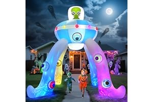 Kalolary 12FT Halloween Hüpfburgen, riesiger Alien Bogen mit integrierten bunten Blinklichtern,Halloween Dekoration für den Außenbereich, für Garten, Rasen und Innenräumer (Alien UFO Torbogen)