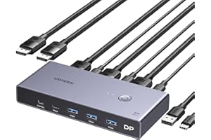 UGREEN Switch KVM Displayport 8K 60Hz 2 Entrées 1 Sortie Commutateur KVM DP 1.4 4K 240Hz USB C 3 USB A pour Clavier Souris Disque Dur Imprimante Moniteur avec Contrôleur de Bureau 2 Câbles DP 1M