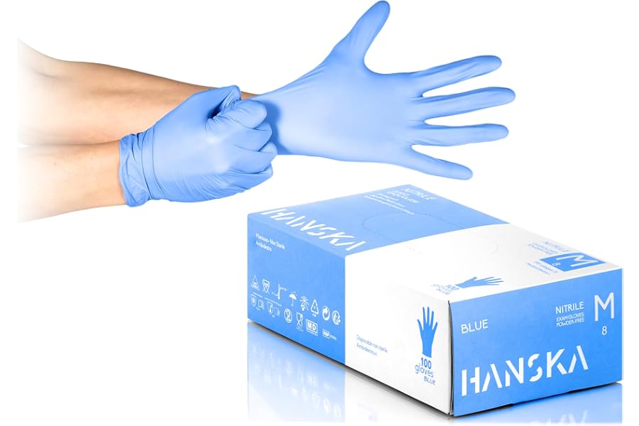 HANSKA Paquete de 100 guantes desechables de nitrilo Azul - Sin polvo - Desechables - Ambidiestros - Base de goma - Apto para