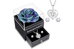 Sunia Rose Eternelle avec Bijoux Argent 925,Collier Coeur Boucles d'oreilles,Coffret Cadeau Femme,Rose Préservée avec Collier,Cadeau Anniversaire Femme,Amour Cadeau,Fete des Meres,Noël,Saint-Valentin