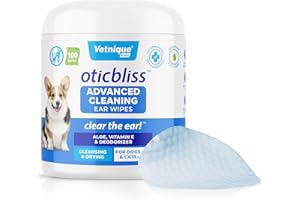 Vetnique Labs Oticbliss Dog Ear Cleaning Wipes with Odor Control, Dog Ear Cleaning Solution and Itch Relief Reduces Head Shaking for Dogs & Cats - Clear The Ear 100ct Ear Wipes for Dogs