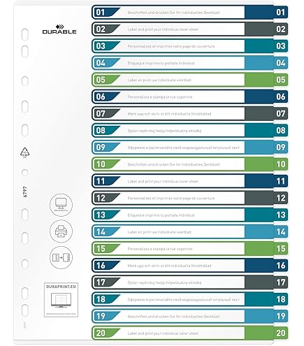 Divisorio Con Cavalierini Colorati Durable - 20 Tasti, Formato A4, Foratura Universale