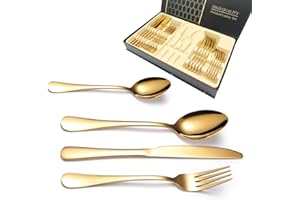 Emsmil Juego de Cubiertos Dorados Acero Inoxidable 24 Piezas Cuberteria Servir para 6 Personas Cuberterías Combinadas de Cocina Diseño Modernas Completas Acabado Pulido Brillante