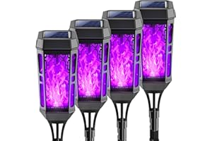 Joltix Lampes Solaires Jardin Extérieur, Violet 4 Packs 12 LED Lumière Flamme Solaire Vacillante, Torches Jardin pour Decoration Halloween, IPX4 Etanche Lanterne Exterieur pour Décor Patio,Chemins