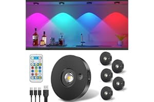 Feliigo USB Aufladbar RGB LED Spots Akku, LED Schrankbeleuchtung mit Fernbedienung, 9 Farben, Magnetisch Dimmbar Led Unterbauleuchte, Kabellos Vitrinenbeleuchtung mit Timing Funktion (6er Pack)