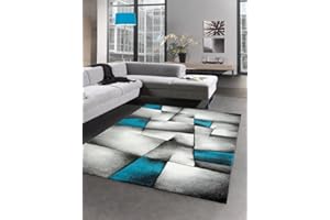 CARPETIA Nowoczesny dywan z krótkim włosiem, cięcie konturowe, karo, abstrakcyjny, szary, czarny, biały, turkusowy, wymiary 200 x 290 cm