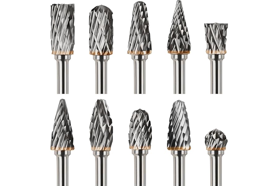 QUTIASE Tungsten Carbide Rotary Burr Set Compatible with Dremel, Double Cut Rotary Burrs Tool 10 PCS, Die Grinder Bits 1/8" Shank for DIY, Wood Carving, Steel Metal Polishing, Engraving, Drilling