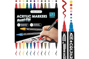 colpart Acrylic Paint Pens Paint Markers,12-Colors Dual Tip Paint Pens With Medium Tip and Brush Tip For Rock Painting,Wood,Canvas,Calligraphy,Dot Markers For kids adults DIY Crafts Art Supplies