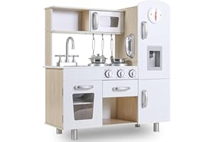 MAMIZO Cucina Legno per Bambini, con Effetti Simulati di Luce e Suono, Cucina Giocattolo in Legno con Telefono, Orologio, Macchina per il Ghiaccio, 81x74x30 cm, Bianco