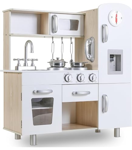 COSTWAY Cuisine Enfant avec Machine à Glaçons, Cafetière, Cuisine en Bois Enfant Montessori avec Lumières & Sons, Micro-Ondes, Four, Évier & Robinet