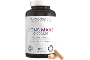 Nootro Labs Essentials Lion's Mane Capsules (60 servings), 10000mg Lions Mane Supplement With Vitamin B Complex to Support Focus and Brain Function