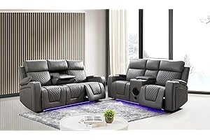 GENERIC Florida Leather Electric Recliner Sofa Set with Cupholders, LED Lights, Wireless Charging, Bluetooth Speakers, and USB Ports – 3+2 Seater (Grey)