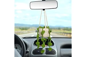 KUNYEAH Crochet Hanging Plant for Car Cute Potted Plants Crochet Decor Car Mirror Hanging Accessories Rear View Ornament Hanging Boho Handmade Knitted Pendant (Dark Green)