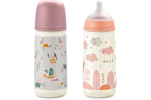 Suavinex, Set 2 Biberon Anti-Colica da 360 ml, con Tettarella Fisiologica in Silicone SX Pro, Flusso Denso (L), con Valvola Anti-Colica, per Bambini +6 Mesi. Rosa