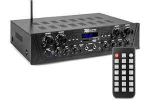 Power Dynamics PV240BT - 4 Kanal Stereo Verstärker Bluetooth, 400 Watt Amplifier Hifi Receiver, Fernbedienung, FM Radio, USB, SD, MP3, 2x Mikrofon Anschlüsse mit Echo, Talkover Funktion - Schwarz