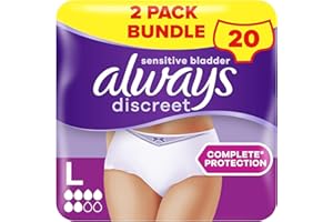 Always Discreet Incontinence Pants Women Large, L, UK 16-22, White, Absorbency 6, 20 Disposable Underwear Women / Knickers (10 x 2 Packs), Adult Diapers