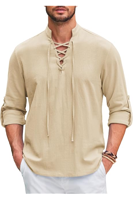 Camicia Medievale Uomo In Lino Maniche Corte Con Lacci, Vintage Vichinga, Stile Rinascimentale, Naturale - 6