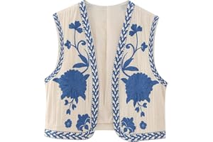NIBESSER Women's Gilets, Women Vest Vintage Floral Embroidered Crop Vest Retro National Open Front Sleeveless Cardigan Crop Top Summer Waistcoat Women Girls