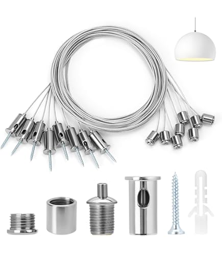 Hangset voor verlichting en fotolijst met roestvrijstalen kabel en schroeven, perfect voor lampen, displaypanelen, foto's. 4 ophangdraden inbegrepen voor eenvoudig ophangen