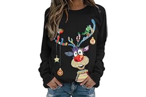 Nuoke Weihnachtspullover Damen Lustige Weihnachten Ugly Sweatshirt Baumwolle Pulli Basic Rundhals Hirschkopf Muster Weihnachtskostüm
