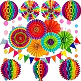 Cojoy Multicolor Party Decoration Set Rainbow Color Paper Fans Honeycomb Paper Banner Pom Poms Flowers Polka Dot String for B