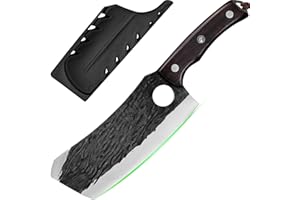 FULLHI Coltello da macellaio con fodero, coltello da cuoco serbo Tang, coltello da verdure con mannaia in acciaio al carbonio per esterno, campeggio (Marrone, 29,3cm)