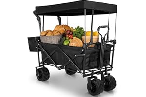 TLGREEN Składany wózek transportowy z dachem, składany wózek ręczny, nadaje się do użytku w terenie z hamulcami, możliwość rozszerzenia, wózek transportowy z uchwytami na napoje i drążkiem teleskopowym,