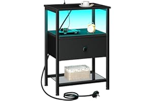 LOAKEKEL Bedside Table with Charging Station, Small Sofa Side Table with LED Light, Bedside Cabinet with Fabric Drawer and Open Storage Shelf, Nightstand for Living Room, Bedroom, Black UHETS01BK-1