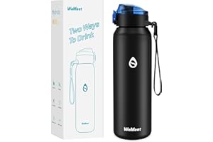 WEMEET 1000ml Thermosflasche mit Strohhalm, 18/10 Edelstahl Trinkflasche BPA-frei, Isolierflasche Edelstahlflasche mit Gurt für Kaffee, Tee, Perfekt Schule Schwarz