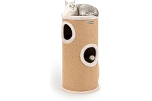 lionto Kratztonne aus Jute mit Spielball & Plüschrand, Höhe 70 cm, Stabiler Kratzbaum für kleine & große Katzen, perfekte Krallenpflege & Beschäftigung, viele Versteckmöglichkeiten, Ø 36 cm, beige