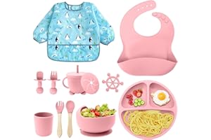 NATNAV Assiette Bébé pour Kit de Sevrage autonome,Bol Cuillere Bebe,Tasse Bebe,Bavoir Silicone Bebe,Assiette Ventouse BéBé,Enfant Set Couverts Vaisselle Lot de 11 Set passe au lave-vaisselle (Rose)