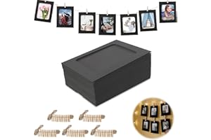 Hexizexi Pack of 50 3 Inch Paper Picture Frames 9 x 9.5 cm Black Photo Garland with 50 Wooden Clips and 5 Rolls Hemp Cord Photo Bags for Hanging Suitable for Birthdays Weddings Wall Decoration