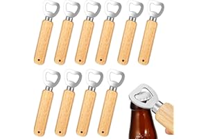 OURLEEME Flaschenöffner, 10 Stück Natur Holzgriff Bier Flaschenöffner mit Tragbare Lochdesign Edelstahl Kapselheber Großes Geschenke für Männer Weihnachts Neujahrs Party