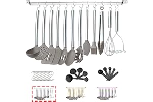 HOMQUEN 38 Pieza Juego De Utensilios De Cocina Con Rejilla Para Utensilios, Cabezal De Silicona Y Mango De Acero Inoxidable, De Cocina Para Juegos De Utensilios, Antiadherentes Utensilios Cocina (Plateado)