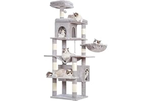 Heybly Árbol para Gatos Alto, 178 cm Altura, Columna Rascador para Gatos Domésticos, Árbol Multi - Niveles: 8 Columnas Rascador, 2 Huecos, 2 Plataformas, Hamaca y Cesto,Gris humeado HCT036W