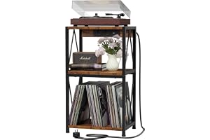 Skivspelarhylla med laddningsstation, 3 nivåer för 100 LP | Garderob i vinyl med robust metallram, bord för skivspelare för v