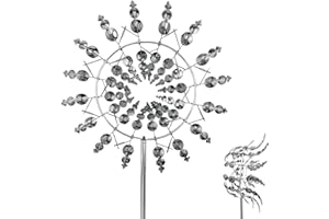 YushengTai Moulin à vent magique en métal - Sculpture cinétique 3D alimentée par le vent - Carillon éolien en métal - Pour jardin, terrasse, pelouse, cour - Argenté