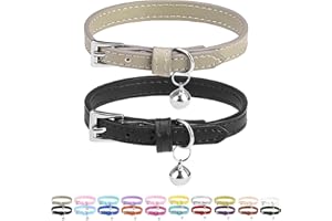 PUPTECK 2 Pack Cat Collar with Bell Made of Soft Leather Adjustable for Cats, Kittens & Puppies. Ideal as Kitten Collar or Puppy Collar, Black & Khaki