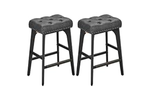 VASAGLE Taburetes de Bar, Juego de 2, Superficie de PU, Botones Acolchados, Bordes con Tachuelas, Patas de Madera, Altura 66 cm, Esquina de Bar, Comedor, Fácil Montaje, Negro Tinta LBC085G02