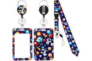 BTHRORO Porta Tarjetas Identificativas con Llavero Retractil, Tarjetero Colgante con Cordón de Astronauta Planetario Cuelga Llaves Cuello Lanyard con Portatarjetas para Enfermeras Estudiantes Profesores