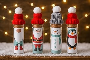 KAMACA 4er Set Geschenkschachtel Glasröhrchen mit Bommelmütze Geschenkbox für Geldgeschenke kreative Weihnachtsverpackung mit Grußbotschaft Geschenkverpackung Geld Weihnachten (4er Set Winterfreunde)