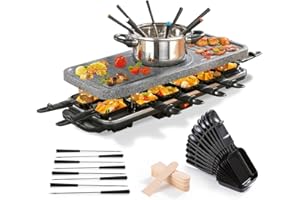 ‎GOURMETMAXX GOURMETmaxx Raclette & Fondue Kombi XXL für 12 Personen | 3-in-1 Raclette Grill mit Pfännchen, Fondueset & heißer Stein | Elektrischer Tischgrill mit antihaftbeschichteter Grillplatte [1600 Watt]
