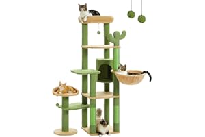 PETEPELA 150 cm kaktus drzewo dla kota, wysokie drzewo dla dużego kota, wielopoziomowa wieża dla kotów, drzewo dla kotów domowych, domek dla kota z dużym hamakiem, drapak i 2 grzędy, zielone