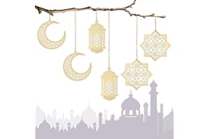 KULANNDER 6 Pieces Wooden Hollow Pendant Ornament Eid Ramadan Festive DIY Decorations with Hanging Moon Star Wind Light Shape Ornament for Eid Mubarak, Home Wedding Party