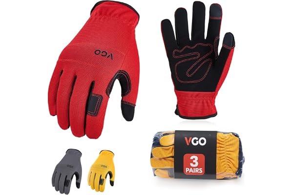 Vgo... Gants de Travail de Sécurité Légers, pour Constructeur, Mécanicien, Gants de Jardinage (NB7581,Jaune&Rouge&Gris,XL,3 paires)