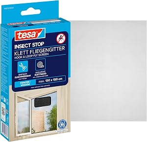 tesa Insect Stop Klett Fliegengitter - 130 cm x 150 cm - Anthrazit | Zuschneidbarer Insektenschutz für Fenster - ohne Bo
