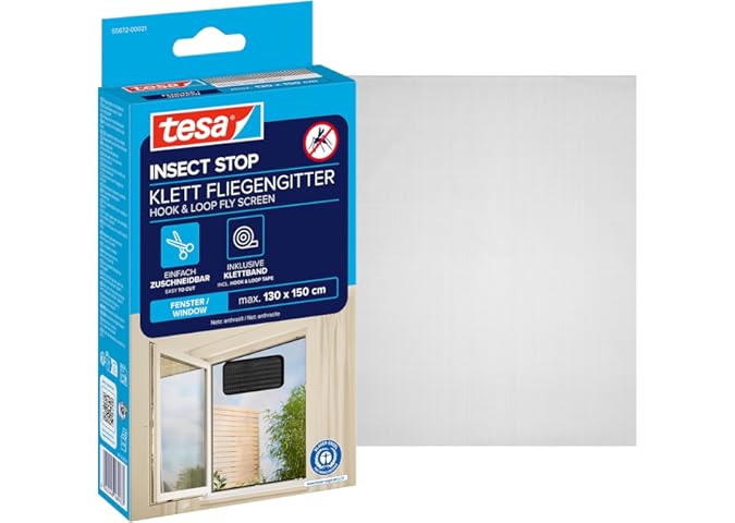 Produktabbildung zu tesa Insect Stop Klett Fliegengitter - 130 cm x 150 cm - Anthrazit | Zuschneidbarer Insektenschutz für Fenster - ohne Bohren,…