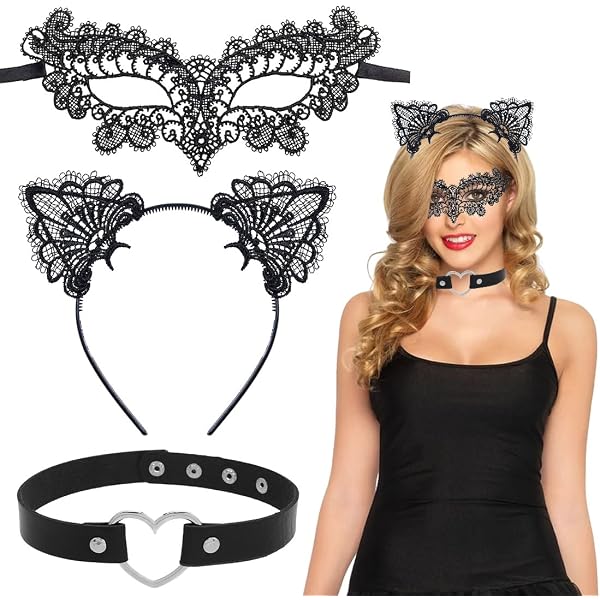 Katzenkostüm Set Damen – Mit Katzenohren Haarreif, Spitzenmaske & Schwanz Für Fasching & Partys