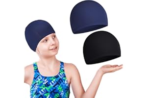 GEYOGA 2 Pièces Bonnets de Bain pour Enfants Chapeaux de Piscine Imperméables Bonnets de Natation Unisexes pour Cheveux Longs et Courts Garçons et Filles (Noir, Bleu Brume, Motif Solide)